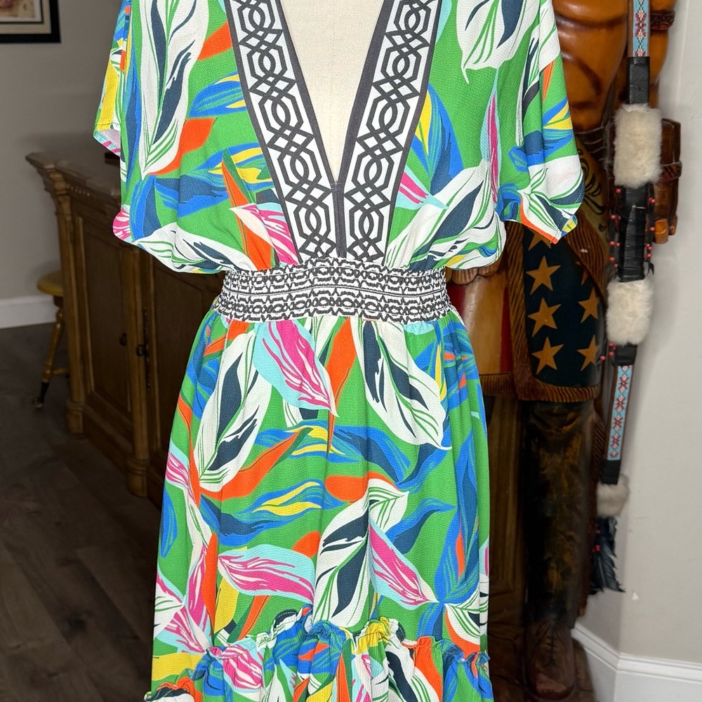 Flying Tomato Plunging V Neck High Low Dress With Ruffled Hemline & Tassel Tie